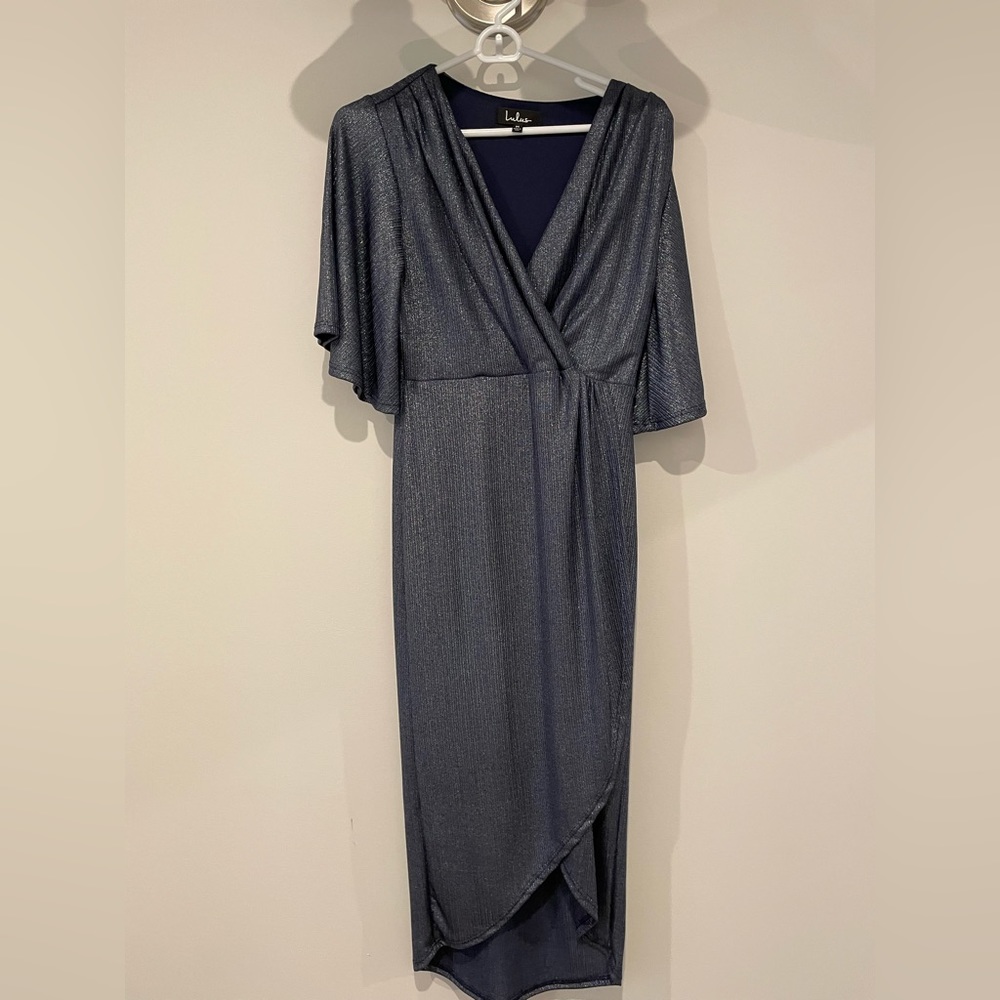 Lulus You're the Stun Navy Blue Metallic Midi Dress